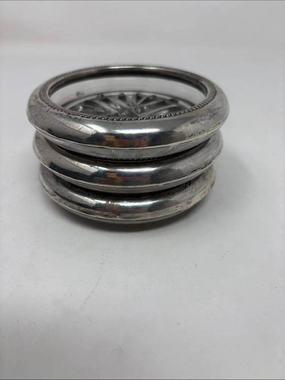 F B ROGERS Vintage Sterling Silver Rimmed Pressed Glass Set of 3 Coasters